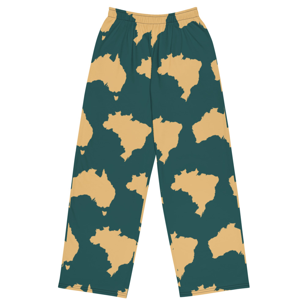 Teal and gold wide-leg pants with Brazil and Australia silhouettes
