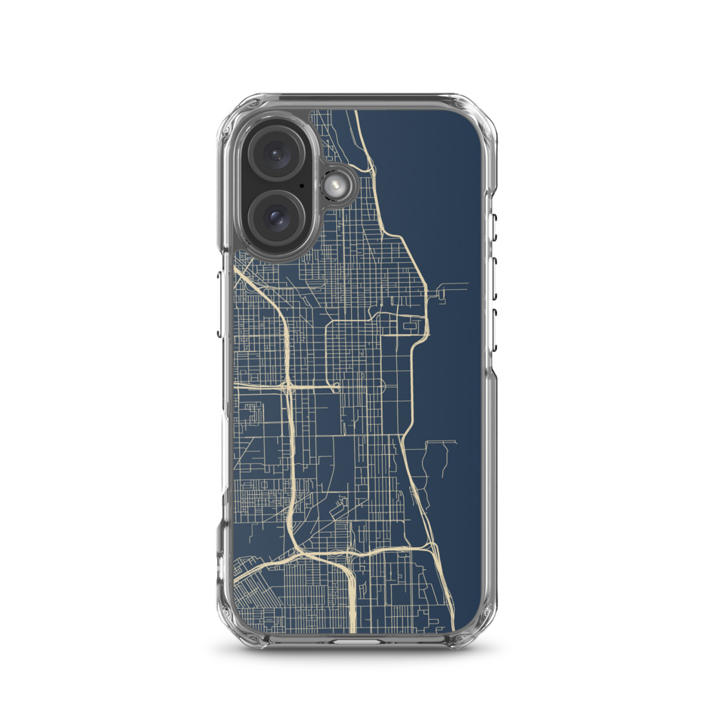Chicago streets in gold and navy on an iPhone 16 clear case