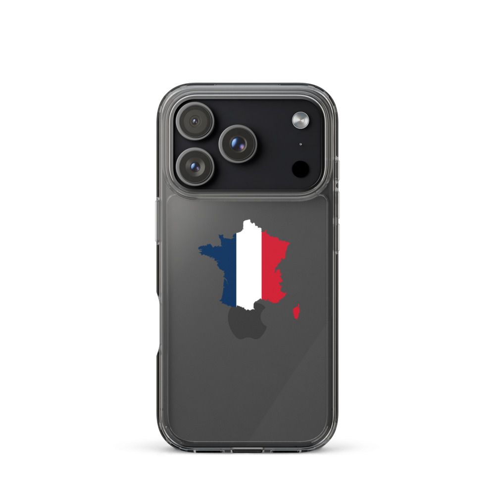 Clear iPhone 17 Pro case with a France outline filled with the French flag on a transparent background