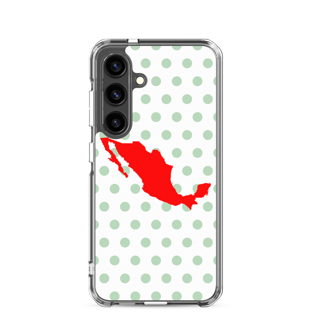 Clear Samsung Galaxy S24 case with a large solid red Mexico in the center, pastel green polka dots, and a white background