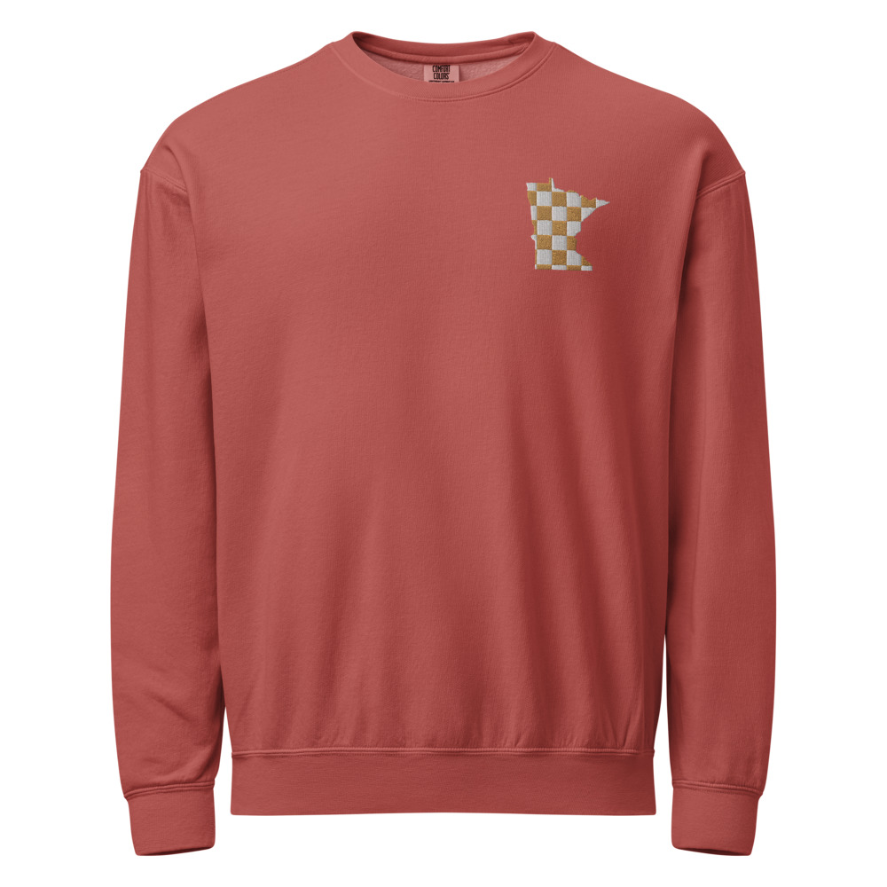 Comfort Colors Crewneck Sweatshirt in Crimson with a Minnesota checkerboard design