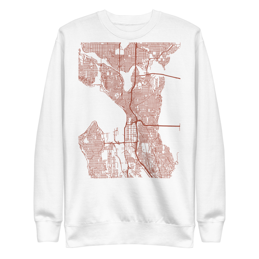 White custom roads map sweatshirt with terracotta Seattle streets printed on the front