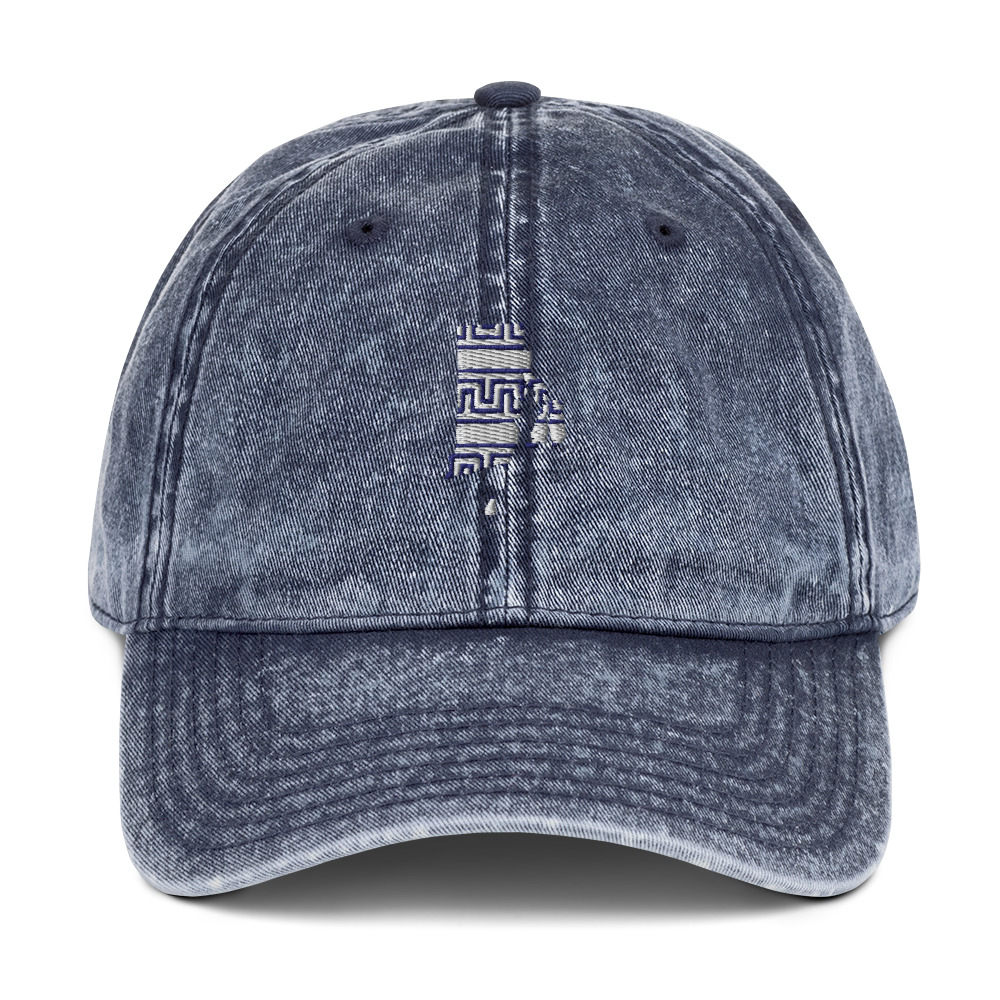Distressed Denim Hat in Navy with a Rhode Island Meander design