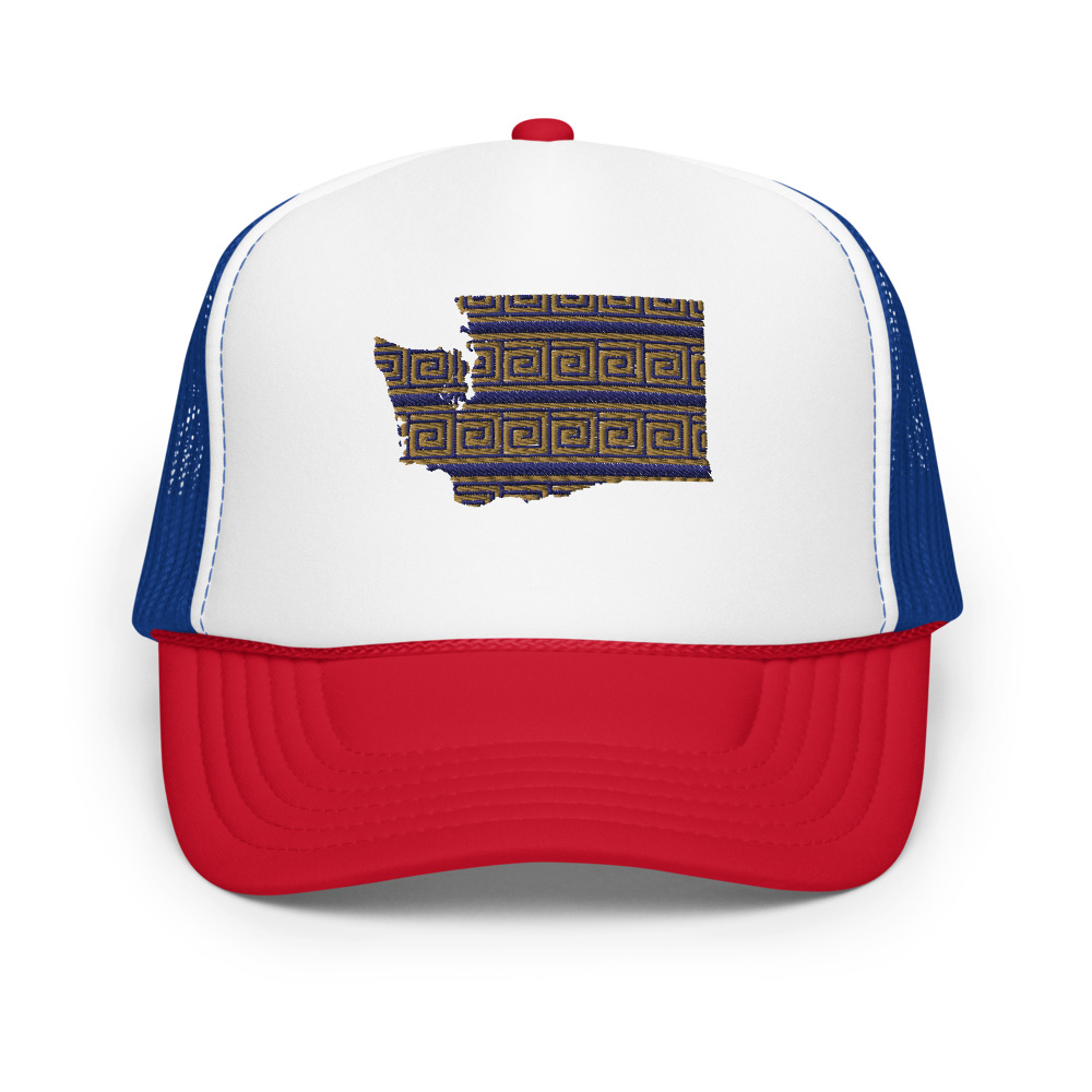 Foam Trucker Hat in Red / White / Royal with a Washington Meander design
