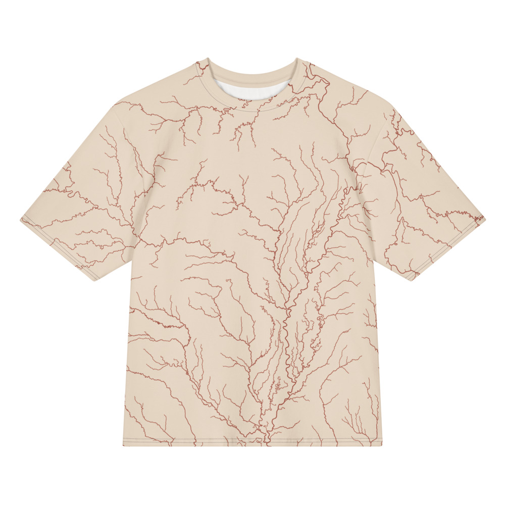 Mississippi River and tributaries in terracotta on a warm clay oversized T with aligned collar and sleeves
