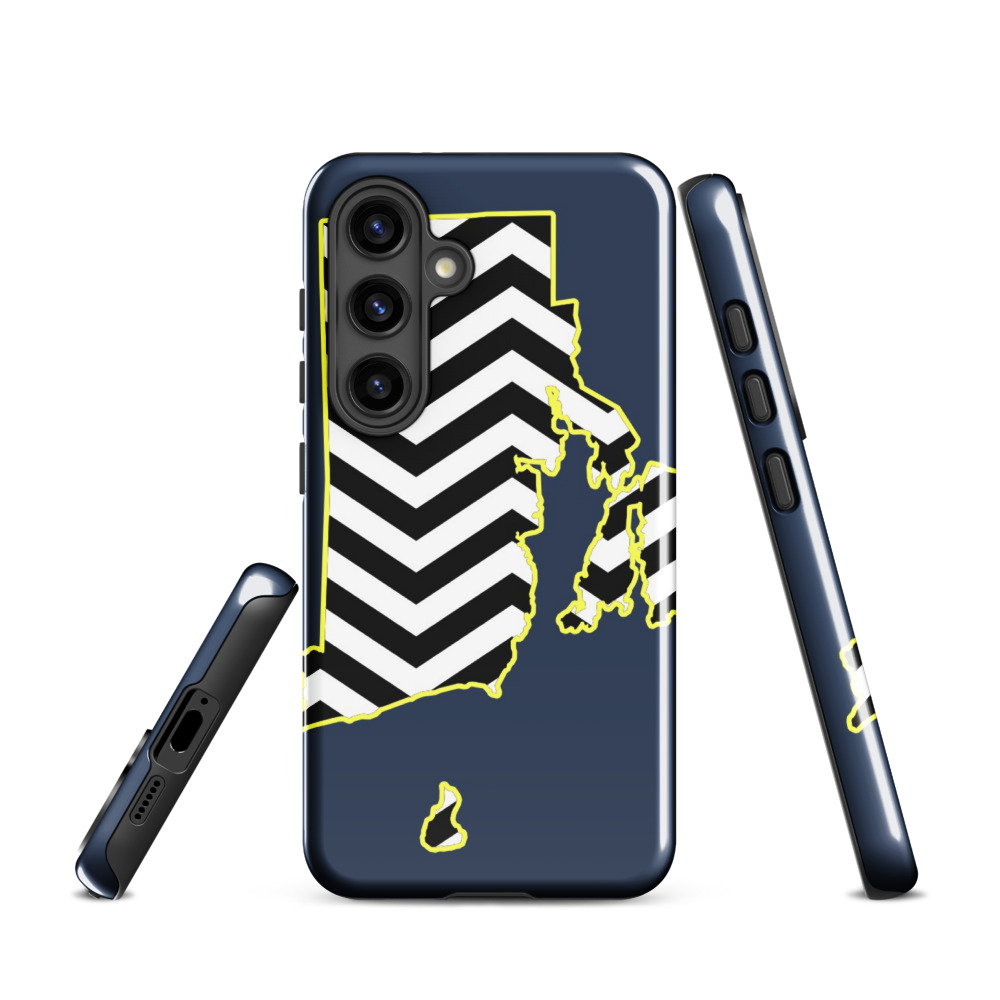 Glossy Samsung Galaxy S24 tough case with black and white Rhode Island chevrons, a yellow outline, and a navy background