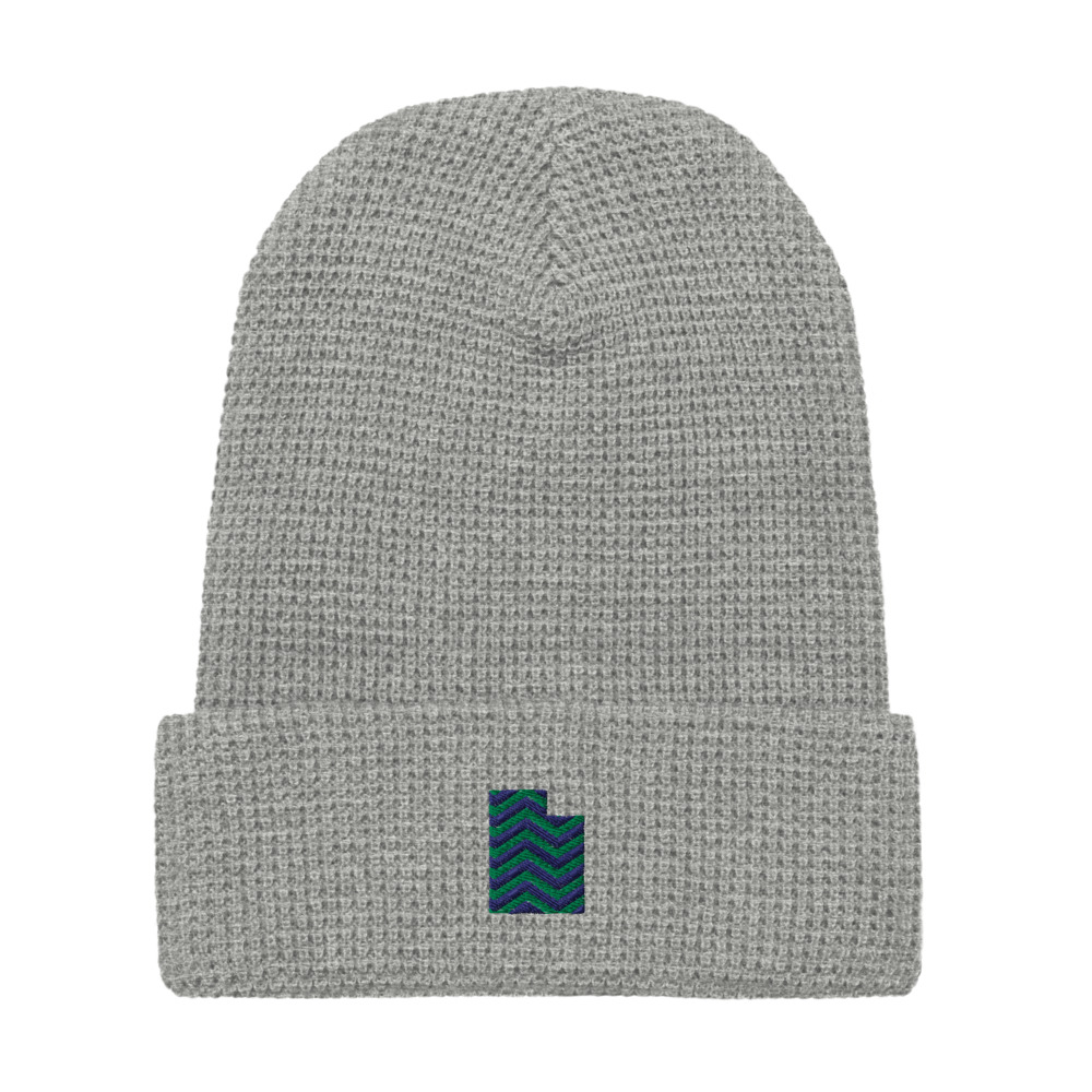 Waffle Beanie in Heather Grey with a Utah chevron design