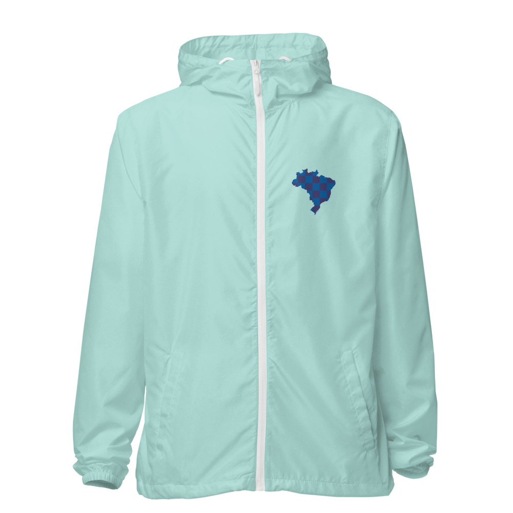 Windbreaker in Aqua/White Zipper with a Brazil checkerboard design