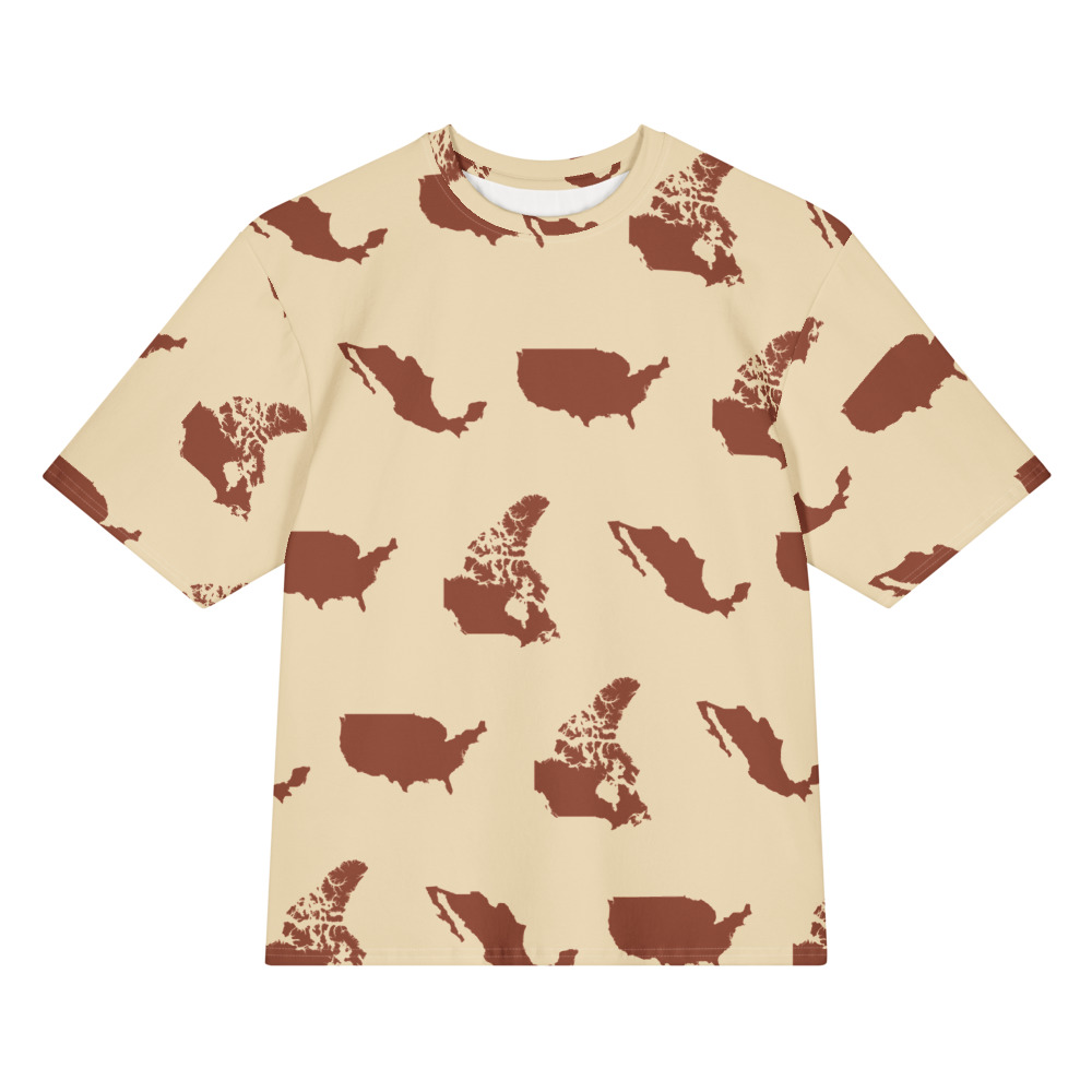 Rust and cream shirt with United States, Canada, and Mexico silhouettes, front view