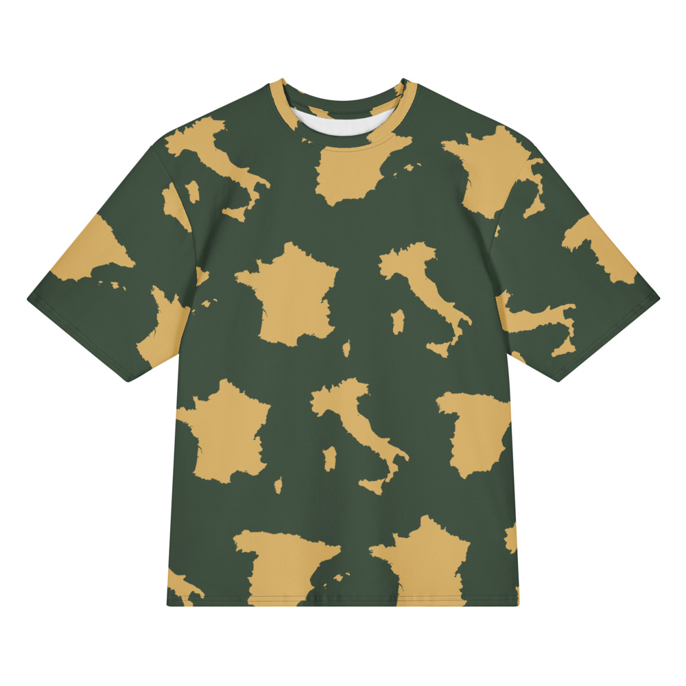 Forest green and ochre shirt with France, Italy, and Spain silhouettes, front view