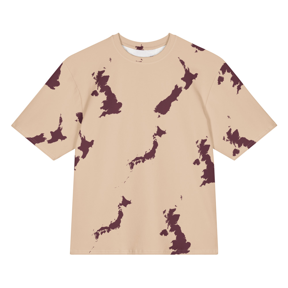 Burgundy and sand shirt with Japan, United Kingdom, and New Zealand silhouettes, front view