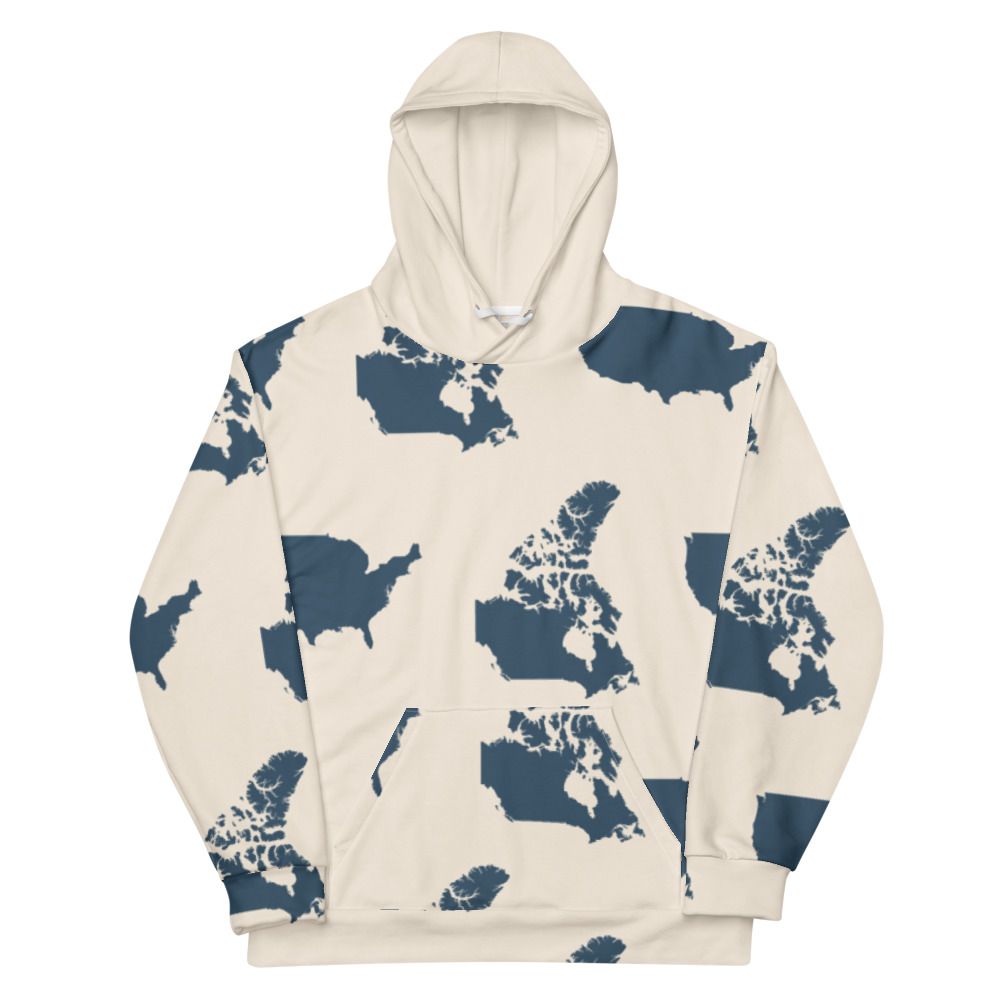 Navy and cream hoodie with a solid cream hood and United States and Canada silhouettes, front view