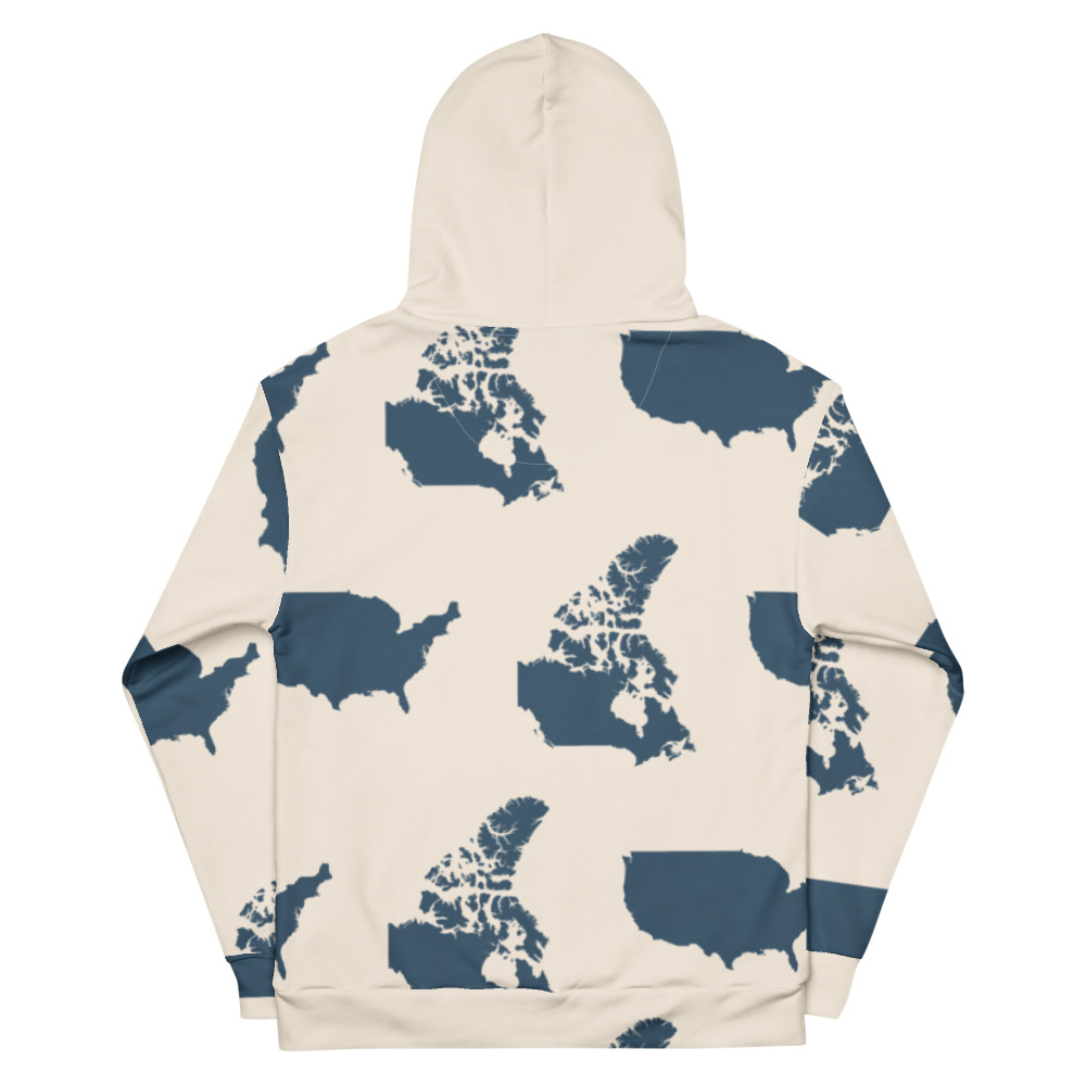 Navy and cream hoodie with a solid cream hood and United States and Canada silhouettes, back view