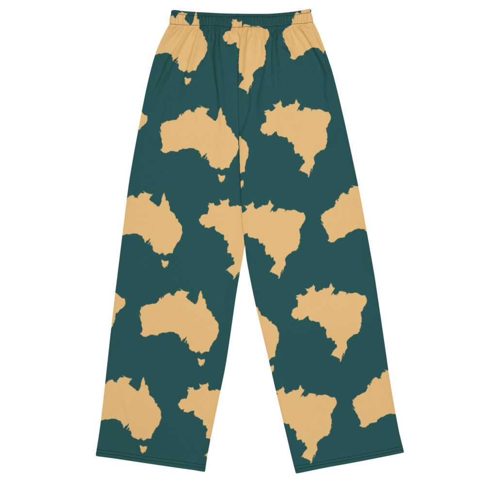 Teal and gold wide-leg pants with Brazil and Australia silhouettes, back view