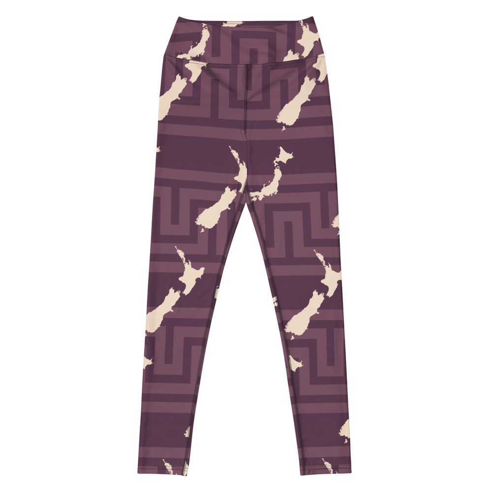 Plum yoga leggings with cream Japan and New Zealand silhouettes and a meander background, front view