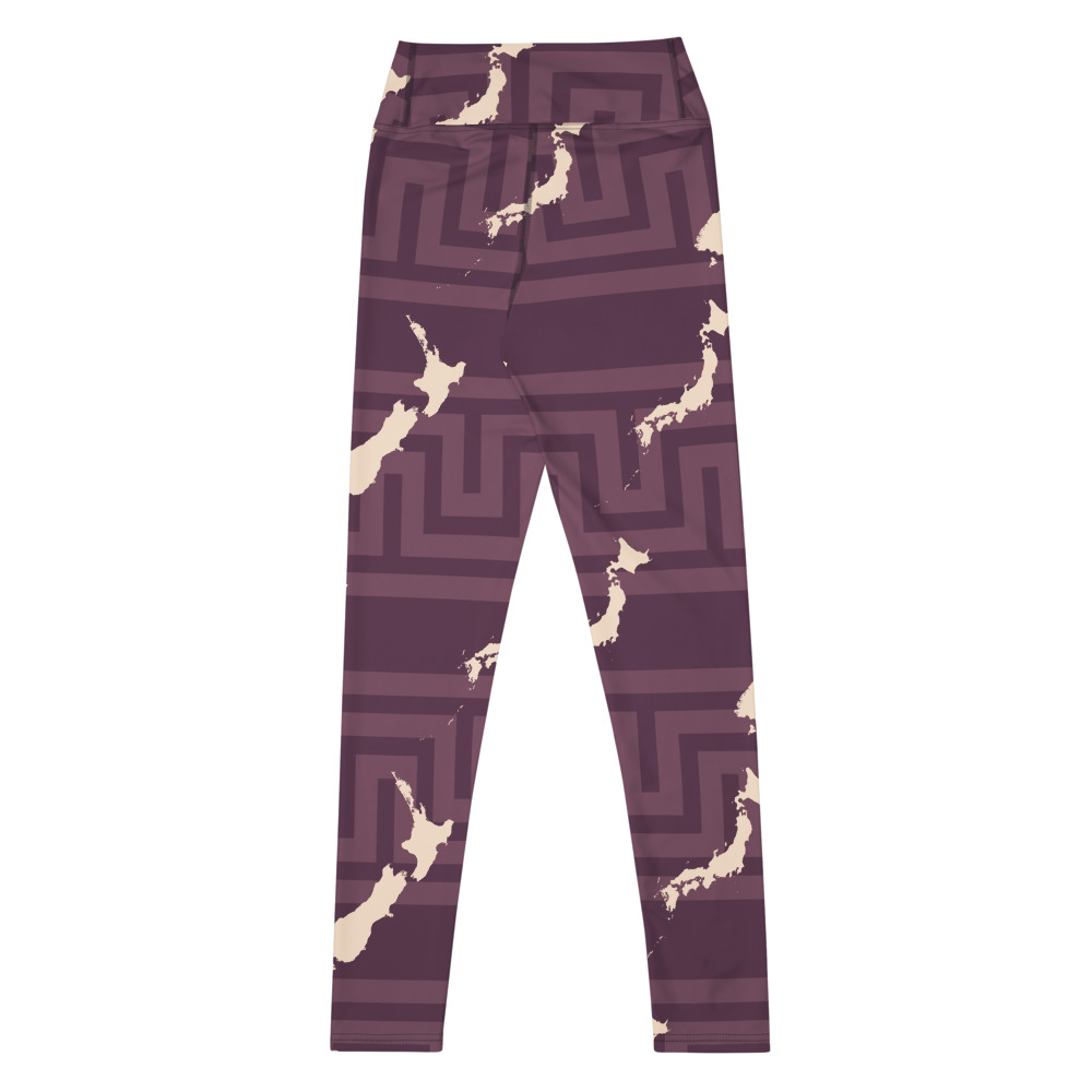 Plum yoga leggings with cream Japan and New Zealand silhouettes and a meander background, back view