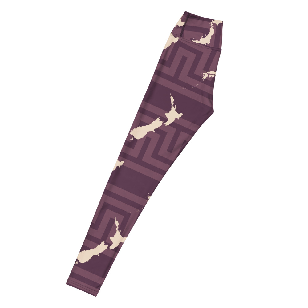Plum yoga leggings with cream Japan and New Zealand silhouettes and a meander background, left view