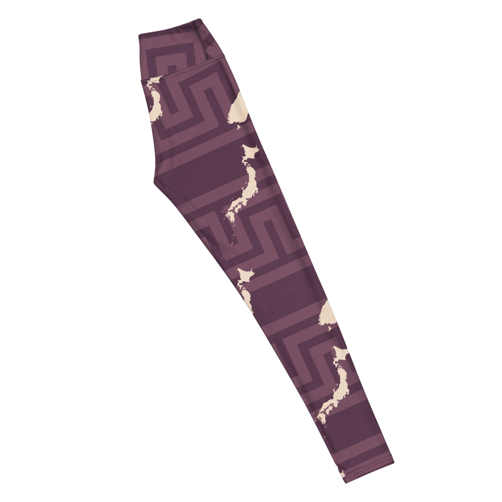 Plum yoga leggings with cream Japan and New Zealand silhouettes and a meander background, right view