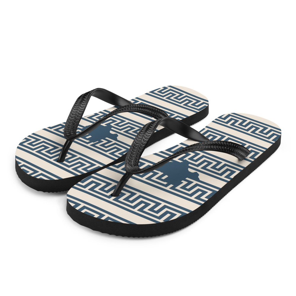 Navy and cream Flip Flops with Texas silhouettes and a Meander pattern, front left view