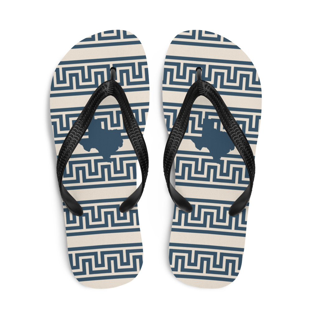 Navy and cream Flip Flops with Texas silhouettes and a Meander pattern, top view