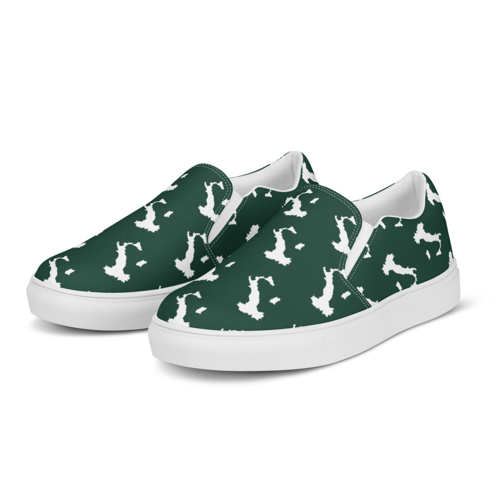Dark green slip-on shoes with large white Italy repeats — supplier front view