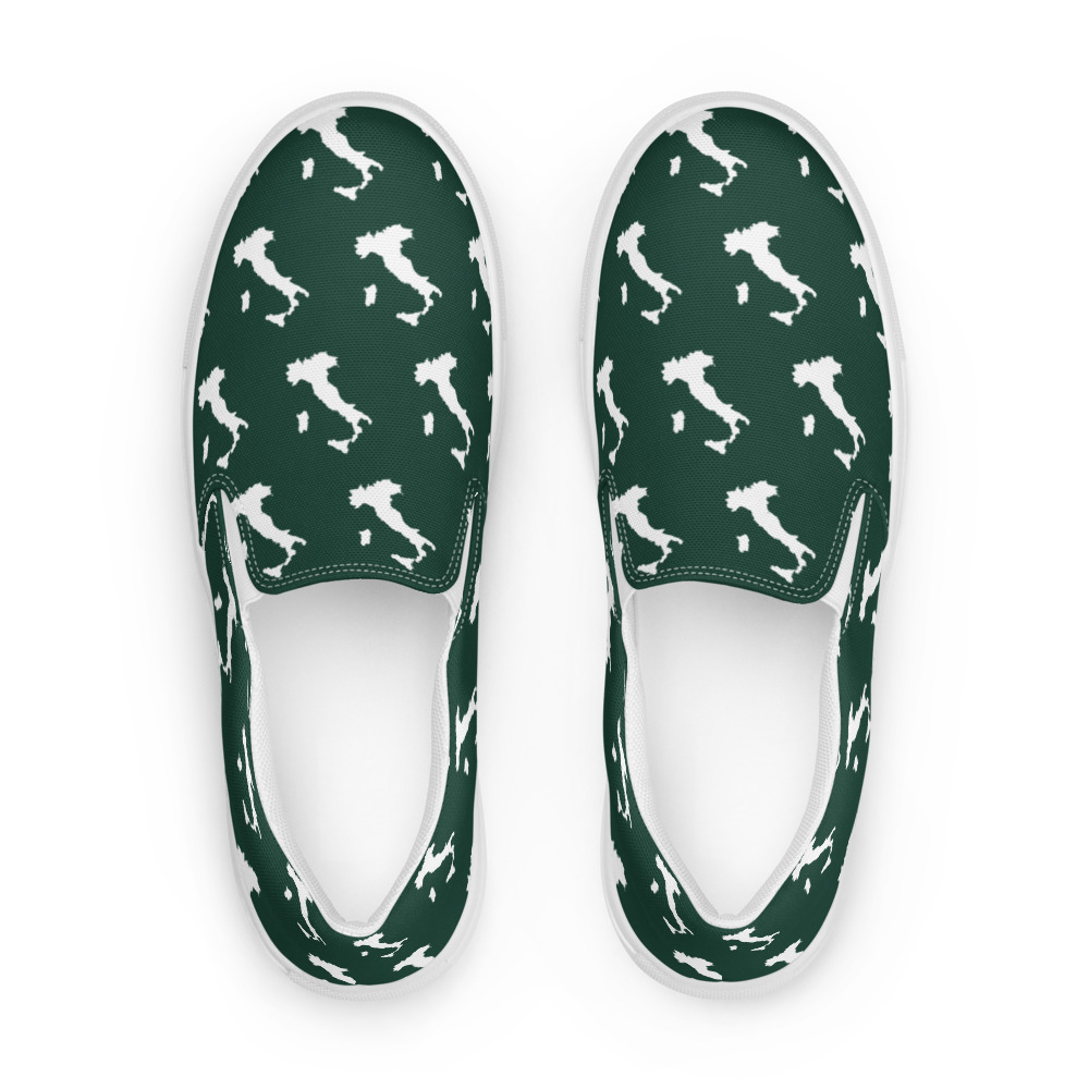 Dark green slip-on shoes with large white Italy repeats — supplier top view